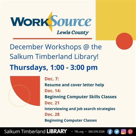 WorkSource Workshops at the Library!, Salkum Timberland Library, 7 ...