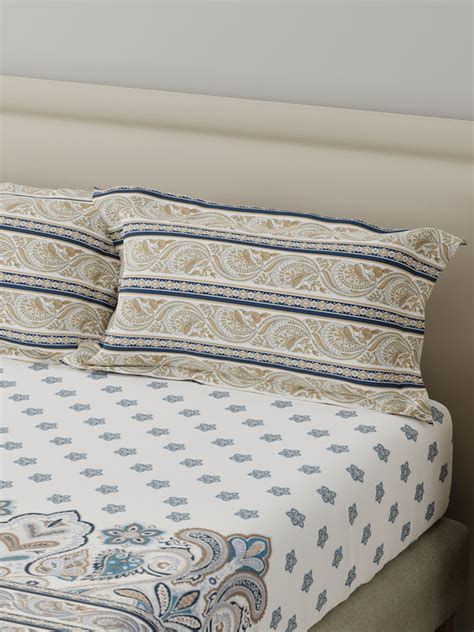 BasicX 100% Cotton 120 TC Blue & White Floral King Bedsheet with 2 Pil