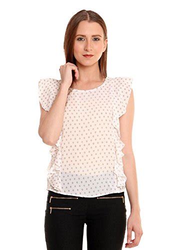 Akimia Whte Ruffle Top Crepe Round Neck Sleeveless Small : Amazon.in ...