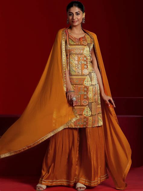 Buy Libas Art Orange Woven Design Silk Blend Straight Suit With Dupatta ...