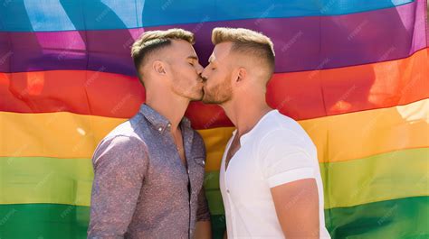 Premium AI Image | Two handsome man kissing gay couple rainbow flag in ...
