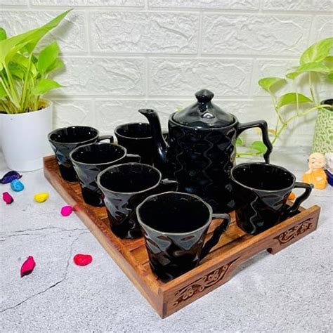 Buy Homefrills Hand Painted Ceramic Tea Kettle Set with 6 Cups(150ml ...