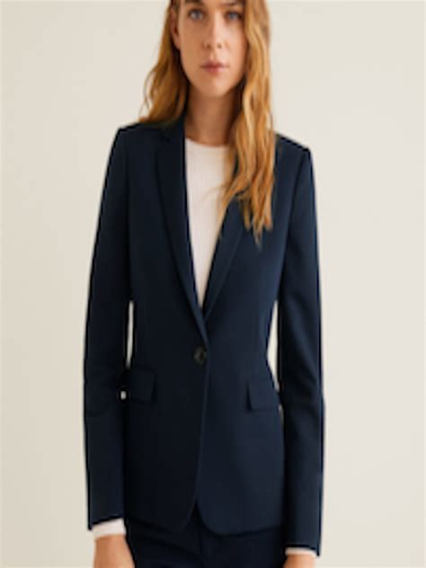 Buy MANGO Women Navy Blue Solid Single Breasted Formal Blazer - Blazers ...
