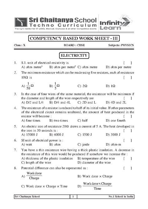 X CBSE Physics Competency Based Work Sheet on Electricity - Studocu