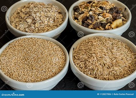 Quinoa, Brown Rice and Oats. Healthy Whole Grain Cereals. Vegan Food ...