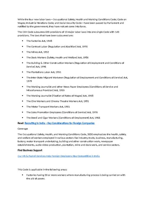 Key Features of the OSH Code 2020: Labor Safety & Health Regulations ...