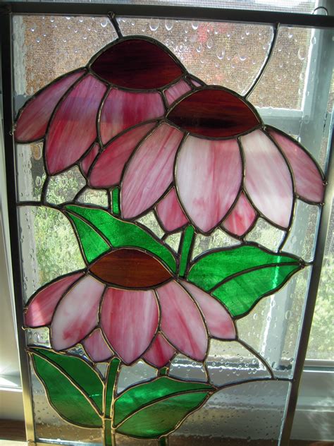 Stained Glass Window with Pink Daisies