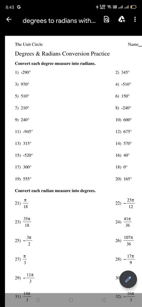 The Unit Circle Name Degrees & Radians Conversion Practice Convert each