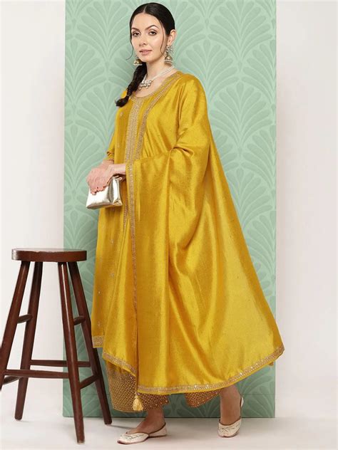 Buy Mustard Embroidered Silk Blend Straight Suit With Dupatta Online at ...