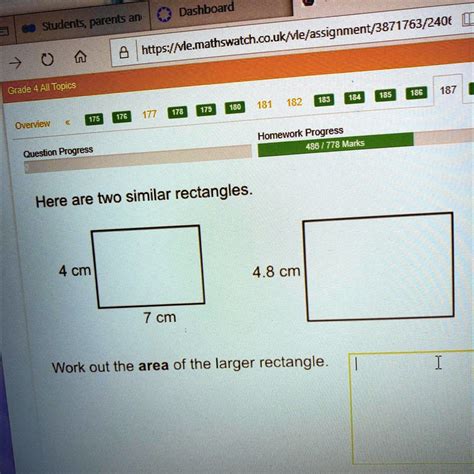 here are two similar rectangles 4 cm 48 cm 7 cm work out the area of ...