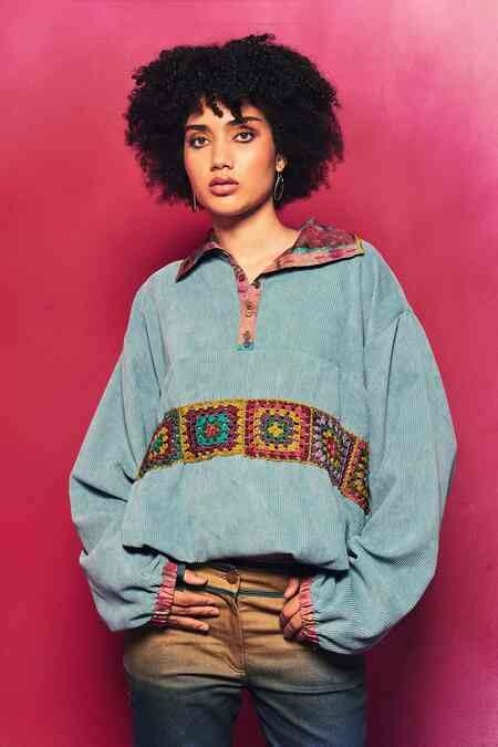 Buy Blue Corduroy Embellished Crochet Collared Lavira Shirt For Women ...