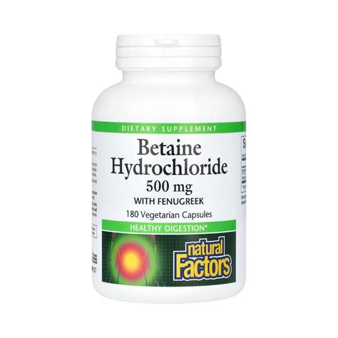Natural Factors, Betaine Hydrochloride with Fenugreek, 500 Mg, 180 Veg ...