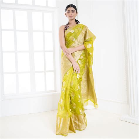 Buy Now! Lime Green Organza Silk Saree with Zari Border and Floral ...