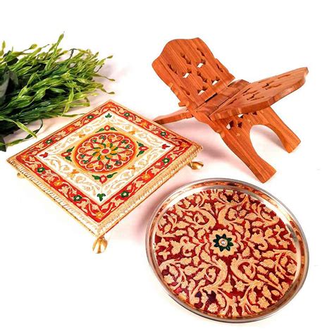 Buy Pooja Chowki, Thali & Holy Book Holder Set - Combo Pack of 3 Online ...