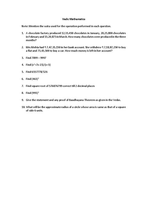 Vedic Mathematics Test1 - Vedic Mathematics Note: Mention the sutra ...