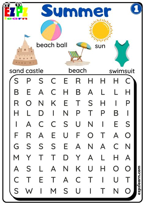 Summer Word Search activity for kids set 1 - Ezpzlearn.com