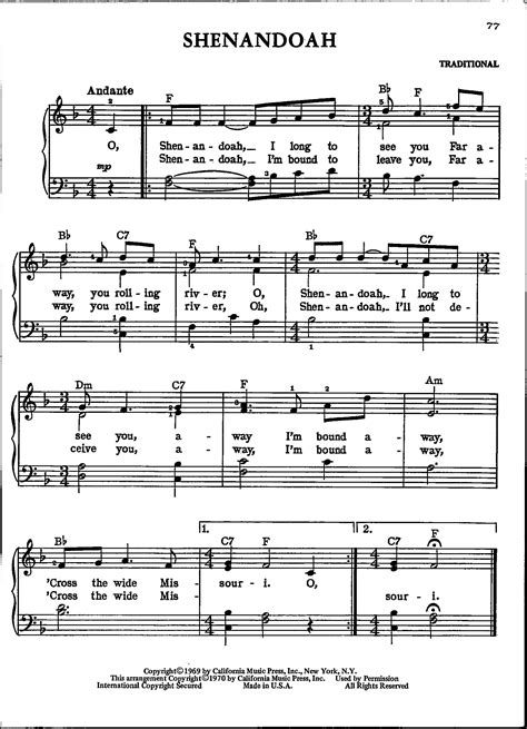 Shenandoah - Digital Sheet Music for Piano Keyboards Organ Guitar and ...