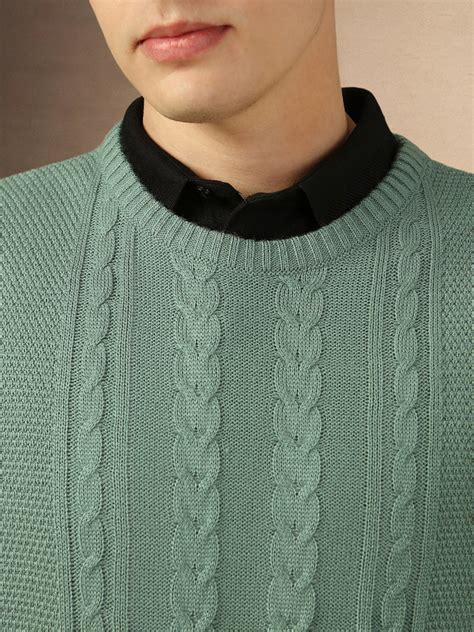 Men's Sage Green Crew Neck Full Sleeves Slim Fit Pullover Sweater ...