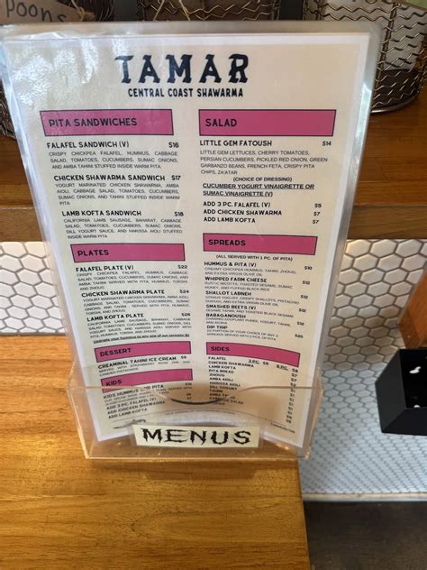 Menu at Tamar restaurant, Santa Barbara