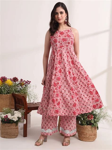Pink Floral Print Anarkali Kurta And Trouser With Dupatta Set – Yufta Store