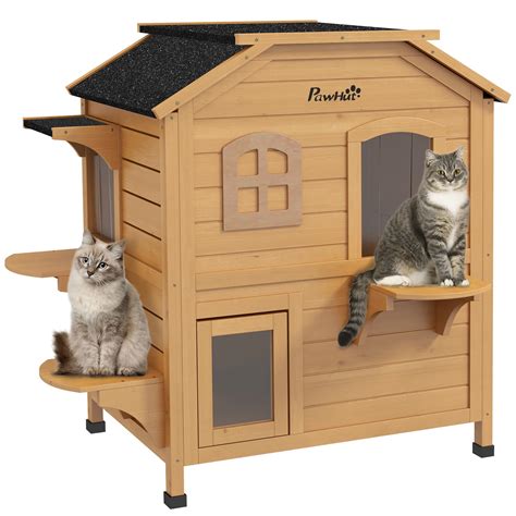 Pawhut2 Story Cat House Outdoor Weatherproof Wooden Cat Enclosure Feral ...
