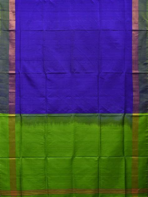 Dark Blue and Green Uppada Silk Handloom Plain Saree with Contrast Pal