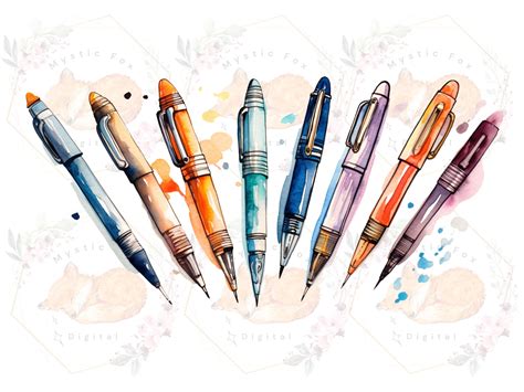 Pen Clip Art, Watercolor Pens Clipart, 30 Image Bundle, Colorful Pen ...