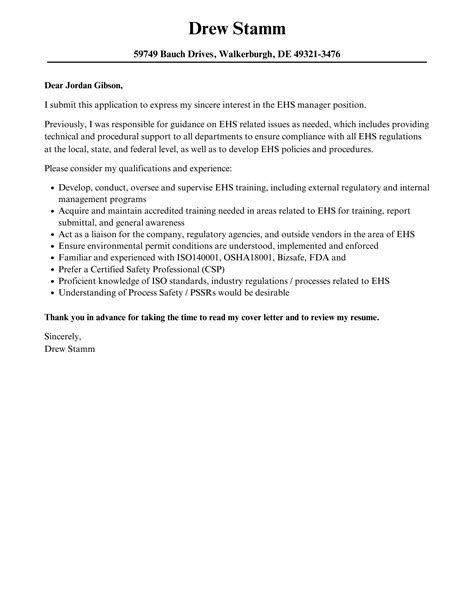 EHS Manager Cover Letter | Velvet Jobs