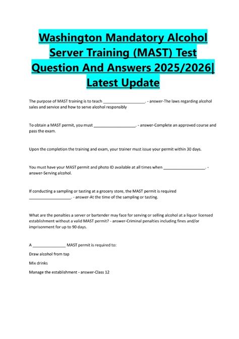 Washington Mandatory Alcohol Server Training (MAST) Test Question And ...