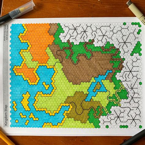 D&D 5e hex map: each hex is 6 miles, can travel 4 per day, & each color ...