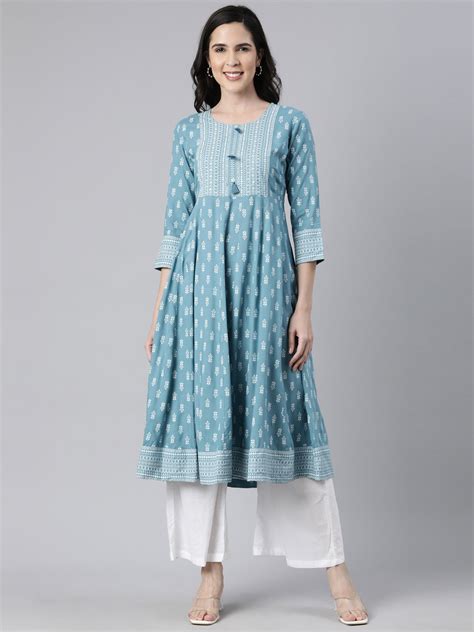 Neerus Blue Regular Anarkali Floral Kurtas – Neerus India