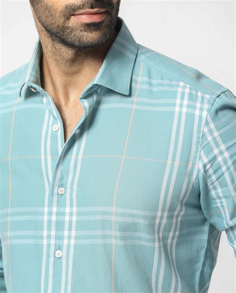 Rare Rabbit Men's Garet Turq Cotton Checked Print Regular Fit Full Sle