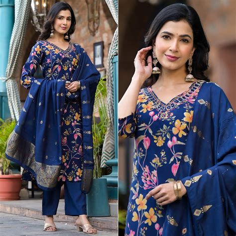 Navy Blue Floral Printed Chanderi Silk Salwar Suit With Mirror Work