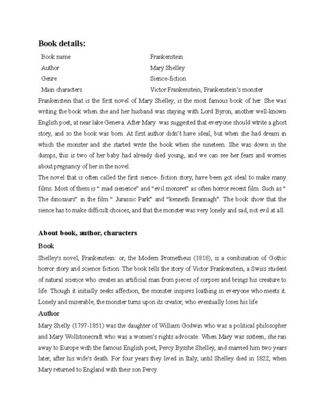 Frankenstein review - Book details: Book name Frankenstein Author Mary ...