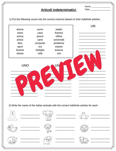 ITALIAN Indefinite Article Grammar Worksheets - Articoli ...