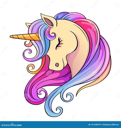 Cute Cartoon Unicorn Head with Rainbow Mane Stock Vector - Illustration ...