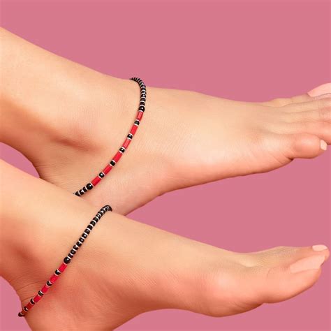 Buy ZAVYA 92.5 Pure Silver Red and Black Artificial Beads Anklets Set ...