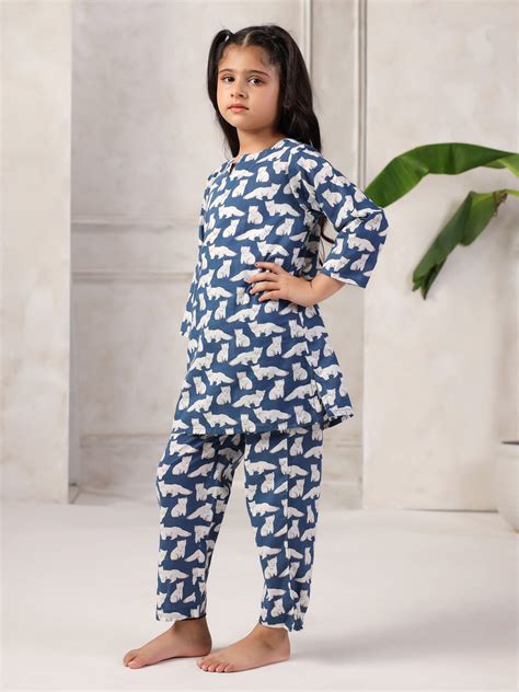 Blue Cotton Round Neck Night Suit for Kids