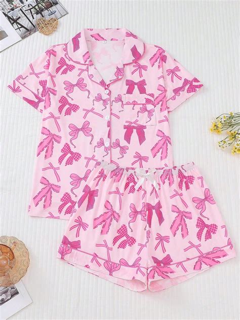 2pcs Bow Print Pajama Set For Women, Comfortable Short Sleeve Lapel ...