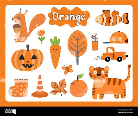 Set of orange color objects. Primary colors flashcard with orange ...