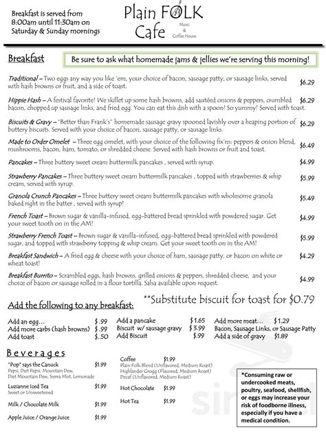 Plain Folk Live Music Cafe menus in Pleasant Plain, Ohio, United States