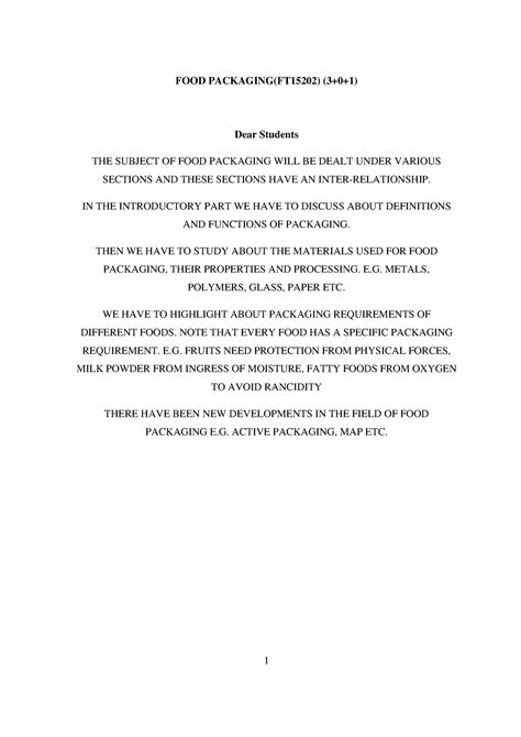 FOOD Packaging - FOOD PACKAGING(FT15202) (3+0+1) Dear Students THE ...