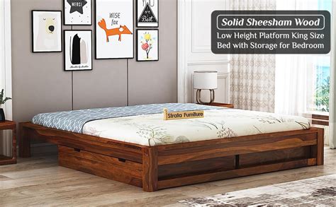 STRATA FURNITURE Solid Sheesham Wood Low Height Platform King Size Bed ...
