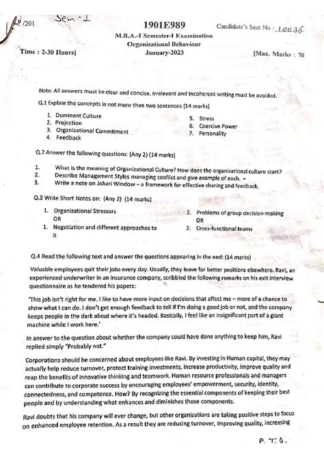 Organizational Behaviour Exam - sem 1901E989 - Seat No: 10036 - Studocu