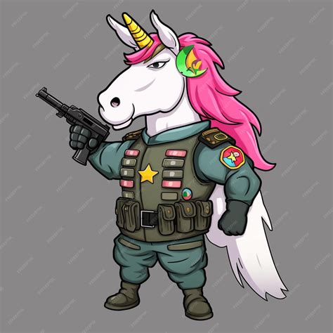 Premium AI Image | Cartoon illustration of a unicorn with a gun in his ...