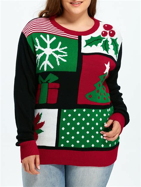Plus Size Tree Snowflake Pattern Christmas Sweater in Colormix ...