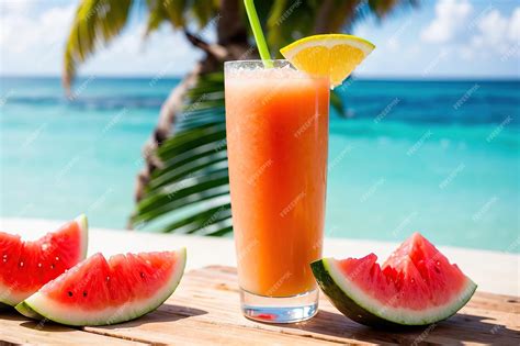 Premium Photo | Watermelon cocktail Fruit juice at summer beach