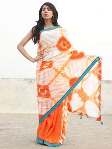 Orange Ivory Hand Shibori Dyed Saree With Teal Blue Border & Tassels ...
