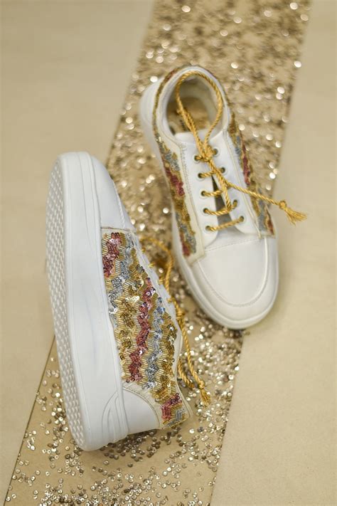 Poly Silk & Rexine Embroidered Gold Sneakers – Auraya Fashion