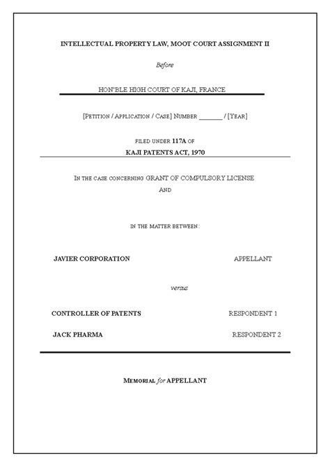 IPR moot - INTELLECTUAL PROPERTY LAW, MOOT COURT ASSIGNMENT II Before ...